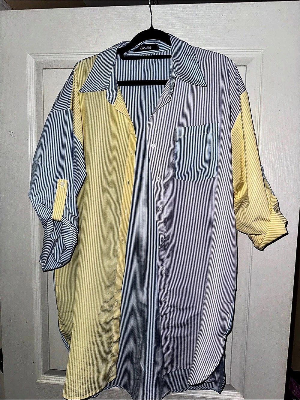 Kosmios Striped Color Block Button Down in Blue, Yellow, & Purple Large
